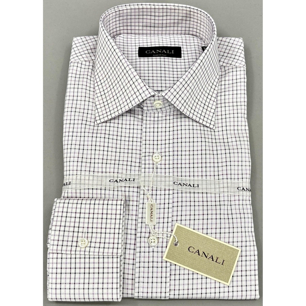 Canali Shirt Mens 15.75 40 White Burgundy Plaid Regular Fit Dress Italy NWT